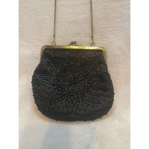 Vintage Black Beaded Evening Bag Clutch Gold Chain‎ Handle Clasp Close VGC